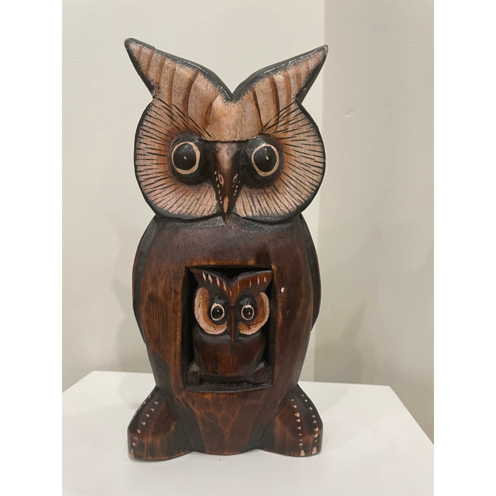 Vintage MCM Hand Carved Hand Painted Wooden Owl Sculpture With Baby Decorative